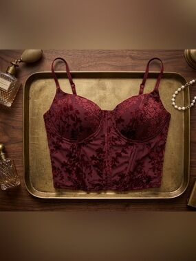 Lulu's Burgundy Burnout Velvet Corset Top - Size M
